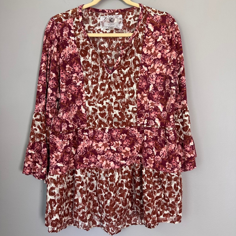 Cupio Women‎ Blouse XL Brown Ruffle Bell Sleeve Floral Animal Print Boho V Neck